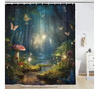 LKFBSC Mushroom Shower Curtain, Enchanted Forest Mushrooms Fireflies Butterflies Shower Curtains Set, Fairy Tale Woodland Shower Curtains Bathroom Curtain with Hooks 72x72inch