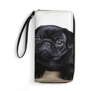 LKHDS Petit sac en cuir avec dragonne, joli carlin noir imprimé, portefeuille en cuir véritable pour homme et femme, portefeuille portable exquis et personnalisé, blanc, 19,7 x 10,5 cm, blanc,