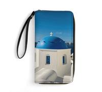 LKHDS Santorini Petit sac en cuir avec dragonne Motif île grecque vue sur la mer pour homme et femme Portefeuille portable exquis et personnalisé, blanc, 19,7 x 10,5 cm, blanc, 19.7x10.5cm