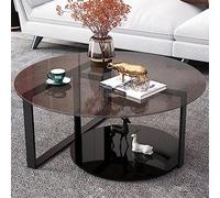 LKHGTR Table Basse Ronde Moderne, Double Couche Grise, Haut en Verre trempé, Jambe Noire Matt, Table Centrale du Salon, 60x60x45cm Made in China