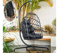LKINBO Fauteuil Oeuf Suspendu pour l'Extérieur et l'Intérieur - Rotin Chaise Suspendue sur Pied - Pliable Balançoire de Jardin - Chaise à œuf en Osier avec Coussin Capacité 160 kg, Noir