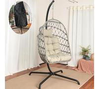 LKINBO Fauteuil Oeuf Suspendu pour l'Extérieur et l'Intérieur - Rotin Chaise Suspendue sur Pied - Pliable Balançoire de Jardin - Chaise à œuf en Osier avec Coussin Capacité 160 kg, Gris