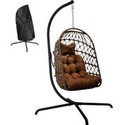 LKINBO Fauteuil Oeuf Suspendu pour l'Extérieur et l'Intérieur - Rotin Chaise Suspendue sur Pied - Pliable Balançoire de Jardin - Chaise à œuf en Osier avec Coussin Capacité 160 kg, Marron