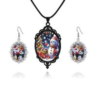 LKingel Ensemble collier camée de Noël et boucles d'oreilles pendantes vintage en verre de cristal pour femme, collier avec pendentif punk, Père Noël, bonhomme de neige, collier tendance ovale