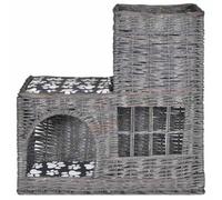LKJVFCPW Niche pour chat en osier avec coussin réversible doux, lit pour chat avec panneau de bienvenue, refuge douillet pour chats et chiots, 50 x 25 x 51 cm, gris