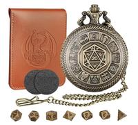 LKKCHER DESIGN Lot de mini dés DND avec boîtier de montre de poche en bronze Steampunk - 7 dés polyédriques D&D en métal - Kit de démarrage DND - Accessoires de jeux de société