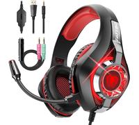 LKLJIJ-Casque Gaming pour Ps5, Casque Gamer 3D Son Surround avec Microphone Antibruit, Ultraléger 250g, Haut-Parleur 50 mm, Casque avec Prise Jack 3,5 MM pour Ps4 Pc Xbox Switch (Noir Rouge)