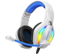 LKLJIJ-PG1 Casque Gaming pour PS4, PS5, PC, Xbox, Nintendo Switch, Casque Gamer avec Son Microphone Stéréo AI, Casque avec Prise Jack 3,5 mm et lumière RVB, Blanc/Bleu