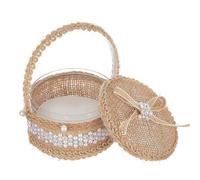 LKPOMI Boîte à Alliances de Mariage, Boîte à Bijoux en Lin de Forme Ronde, Panier de Fille de Fleur avec Poignée, Organisateur de Bijoux Rustique, Support de Bagues pour Cérémonie de (B)