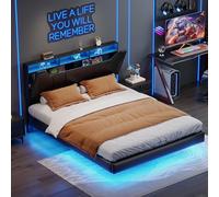 LKPOMI Lit Coffre 160x200 avec Sommier LED et USB, Cadre de Lit Double Rembourré avec Rangement et tête de Lits réglable, Flottant Lits avec Sommier à Lattes (160 x 200 cm)