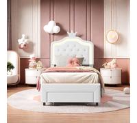 LKPOMI Lit d'enfant 90 x 200 cm, rembourré, pour fille, lit simple avec tiroir sur le lit, tête de lit princesse héritière avec barres lumineuses LED - Sommier à lattes, en polyuréthane, sans matelas