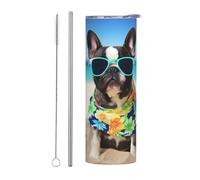LKWSCGHM French Bulldog - Gobelet d'été avec couvercle et paille - Bouteille d'eau à double paroi sous vide en acier inoxydable - Tasse à café étanche pour boissons chaudes et froides - 591 ml