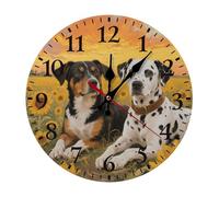 LKWSCGHM Horloge murale moderne avec peinture de chien et coucher de soleil - 30 x 30 cm - Silencieuse - Sans tic-tac - Fonctionnement à piles - Horloge analogique ronde décorative en bois pour bureau