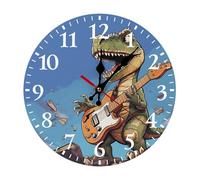 LKWSCGHM Horloge murale moderne en forme de dinosaure jouant de la guitare, 25 x 25 cm, silencieuse, sans tic-tac, fonctionne à piles - Horloge analogique ronde décorative en bois pour bureau, maison