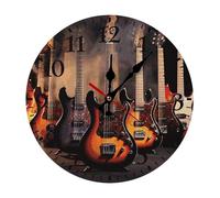 LKWSCGHM Horloge murale moderne en forme de guitare électrique 30 x 30 cm, silencieuse, sans tic-tac, fonctionne à piles, horloge analogique ronde décorative en bois pour bureau, maison, salle de bain