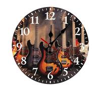LKWSCGHM Horloge murale moderne en forme de guitare électrique 30 x 30 cm, silencieuse, sans tic-tac, fonctionne à piles, horloge analogique ronde décorative en bois pour bureau, maison, salle de bain