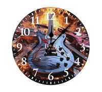 LKWSCGHM Horloge murale moderne en forme de guitare électrique magique - 30 x 30 cm - Silencieuse - Sans tic-tac - Fonctionnement à piles - Horloge analogique ronde décorative en bois pour bureau