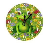 LKWSCGHM Horloge murale moderne grenouille 25 x 25 cm, silencieuse, sans tic-tac, fonctionne à piles, horloge analogique décorative ronde en bois pour bureau, maison, salle de bain, cuisine