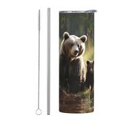 LKWSCGHM Mother Brown Bears Protect Cubs Gobelet avec couvercle et paille - Bouteille d'eau sous vide à double paroi en acier inoxydable - Étanche - Pour boissons chaudes et froides