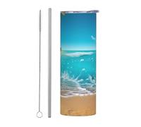 LKWSCGHM Tropical Blue Sea Beach Gobelet avec couvercle et paille, bouteille d'eau isotherme à double paroi en acier inoxydable, tasse à café étanche pour boissons chaudes et froides
