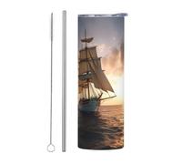 LKWSCGHM White Sailing Ship at Sunset Gobelet avec couvercle et paille - Bouteille d'eau isotherme à double paroi en acier inoxydable - Tasse à café étanche - Pour boissons chaudes et froides