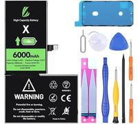 LL TRADER Batterie pour iPhone X, 6000 mAh, haute capacité, 0 cycle, batterie de remplacement pour iPhone X modèle A1865, A1901, A1902 avec kit complet d'outils de réparation et adhésif