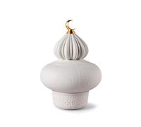 LLADRÓ Lampe sans fil avec chargement USB en porcelaine blanche mate, décorée de gravures géométriques, collection Majestic Nights. Lampe portable avec design inspiré des mille et une nuits.