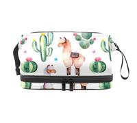Llama and Green Cactus Succulents Trousse à cosmétiques double couche pour femmes et filles, trousse de toilette de voyage, trousse de maquillage, pochette de rangement pratique avec compartiment à