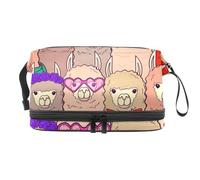 Llama in Sunglasses Red Tie Bow Trousse à cosmétiques double couche pour femmes et filles Trousse de toilette de voyage Trousse de maquillage pratique avec compartiment à brosse, multicolore, 27x15x14