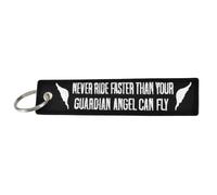 LLAVEROSMOTOR.ES Porte-clés de moto, voiture et autres véhicules - Porte-clés en tissu avec broderie premium - Noir - Never Ride Fast Than Your Guardian Angel CAN FLY