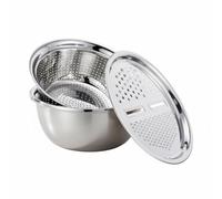 Llazsybz Panier Râpe Légumes Râpe Panier Passoire Bol Mélangeur Couvercle Râpe Inox Ensemble Polyvalent Drainage Rapide Coupes Fines Épaisses Lavage Fruits, 28CM