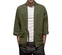 LLECDASEUI Cardigan kimono vintage en coton et lin pour homme - Veste japonaise Jinbei Haori - Coupe ample - Couleur unie - Haut Hanfu, Vert, XXL