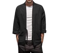 LLECDASEUI Cardigan kimono vintage en coton et lin pour homme - Veste japonaise Jinbei Haori - Coupe ample - Couleur unie - Haut Hanfu, Noir , L
