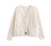 LLECDASEUI Chandails cardigans courts pour femmes automne cardigans à manches longues ouverts sur le devant boutonnés manteaux d'extérieur en tricot à col rond (Blanc,L)