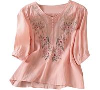 LLECDASEUI Chemises en Lin à Manches 3/4 pour Femmes 2025 Coton été rétro brodé Hauts Boho habillés Chemisiers de Vacances à la Plage décontractés (Rose,TTG)