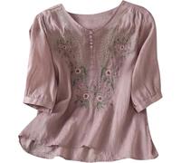 LLECDASEUI Chemises en Lin à Manches 3/4 pour Femmes 2025 Coton été rétro brodé Hauts Boho habillés Chemisiers de Vacances à la Plage décontractés (Violet,TTG)