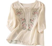 LLECDASEUI Chemises en Lin à Manches 3/4 pour Femmes 2025 Coton été rétro brodé Hauts Boho habillés Chemisiers de Vacances à la Plage décontractés (Beige,Grand)