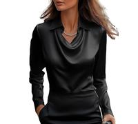 LLECDASEUI Chemisier en Satin élégant à col bénitier pour Femmes, Chemise de Travail de Bureau à Manches Longues, Haut en Soie (Noir,Grand)