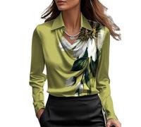 LLECDASEUI Chemisier en Satin élégant à col bénitier pour Femmes, Chemise de Travail de Bureau à Manches Longues, Haut en Soie (Fleur Verte,S)