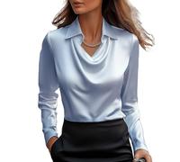 LLECDASEUI Chemisier en Satin élégant à col bénitier pour Femmes, Chemise de Travail de Bureau à Manches Longues, Haut en Soie (Bleu,M)