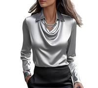 LLECDASEUI Chemisier en Satin élégant à col bénitier pour Femmes, Chemise de Travail de Bureau à Manches Longues, Haut en Soie (Gris,S)