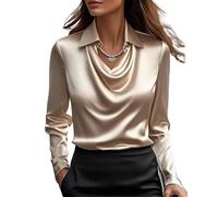 LLECDASEUI Chemisier en Satin élégant à col bénitier pour Femmes, Chemise de Travail de Bureau à Manches Longues, Haut en Soie (Champagne,TG)