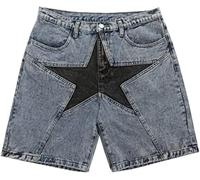 LLECDASEUI Denim Shorts Jorts Unisex Jorts Y2K Baggy Jorts Star Jorts Mid Rise Stretchy Short En Jean Patchwork (M,Bleu)