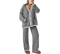 LLECDASEUI Ensemble 2 Pièces Pour Femmes Tricots Assortis Ensembles Lounge Manches Longues Col En V Cardigan Pulls Pantalon Large Pantalon Survêtements (XL,Grisâtre foncé)