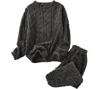 LLECDASEUI Ensemble de pyjama en maille tressée pour femme, pantalons en polaire moelleuse, ensembles de pyjama d'hiver doux pour se reposer, Noir , M
