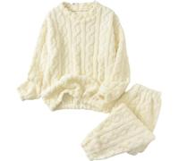 LLECDASEUI Ensemble de pyjamas en maille câblée pour femme, pantalons doux en polaire à manches longues, ensembles de détente pour l'hiver, vêtements de nuit, beige, M