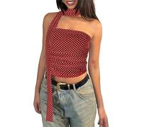 LLECDASEUI Femme À Pois Maille Crop Top avec écharpe Y2k sans Manches Tube Mignon Cintré froncé Débardeurs pour la fête des Clubs (Rouge,S)