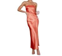 LLECDASEUI Femmes 2024 été Robe bustier en satin Bodycon sexy sans dos Mariage Cocktail Party robes maxi (S,Orange rouge)