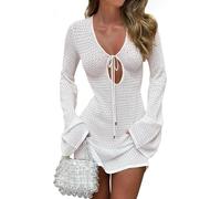LLECDASEUI Femmes Bikini Crochet Maillot de bain 2025 Été Creux Manches longues Robe de plage Vacances Maillot de bain Couvre-tout (S,Blanc)