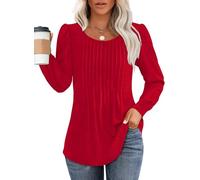 LLECDASEUI Femmes Col Rond Plissé Tops Fall Long Sleeve Dressy Casual Blouses Tuniques à Porter Avec Des Leggings (L,Rouge)